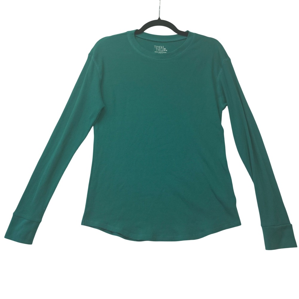 Time and Tru Womens Green Waffle Knit Thermal Long Sleeve Top Size M 8-10